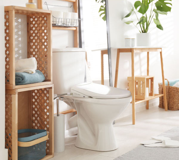 Image of a bidet bidet seat installed in a boho style bathroom