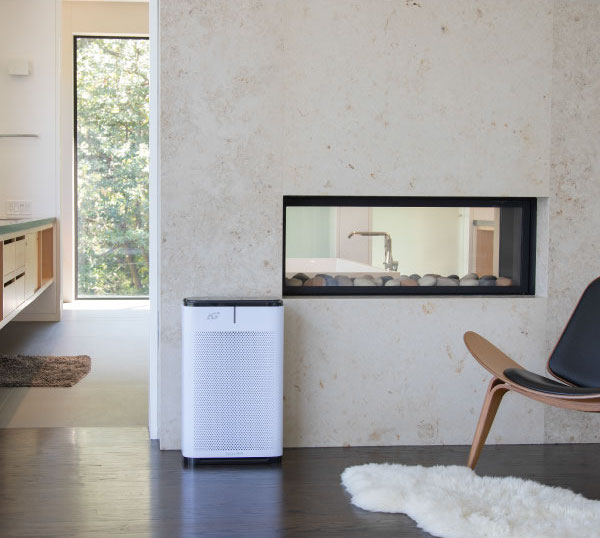 Image of Brondell Pro Sanitizing Air Purifier in a modern living room.