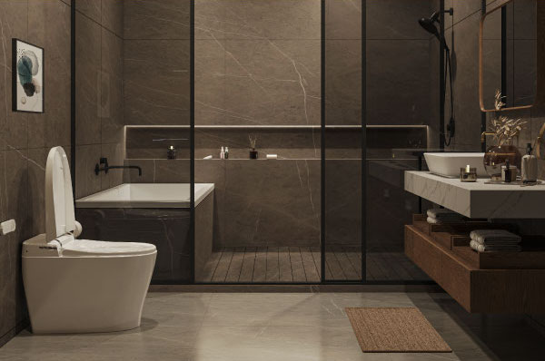 Modern bathroom with the white Sutro Integrated Smart Bidet Toilet beside a glass-enclosed tub, floating double-sink vanity, and neutral-toned decor.