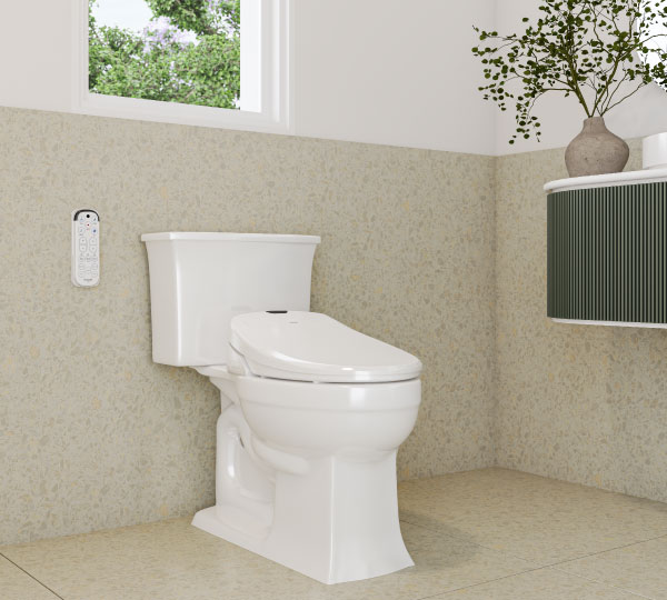 Swash 1400 Luxury Bidet Toilet Seat with Remote Control in a modern bathroom, featuring sleek design, wall-mounted remote, and elegant decor with natural light.