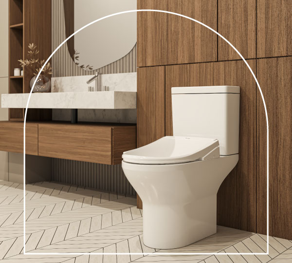 Modern bathroom with a white bidet toilet in front of wood-paneled walls, next to a floating vanity with marble countertop and round mirror.