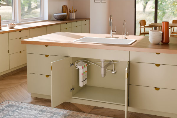 Modern kitchen with light cabinetry and wood countertops, featuring an under-sink water filtration system visible inside an open cabinet door.