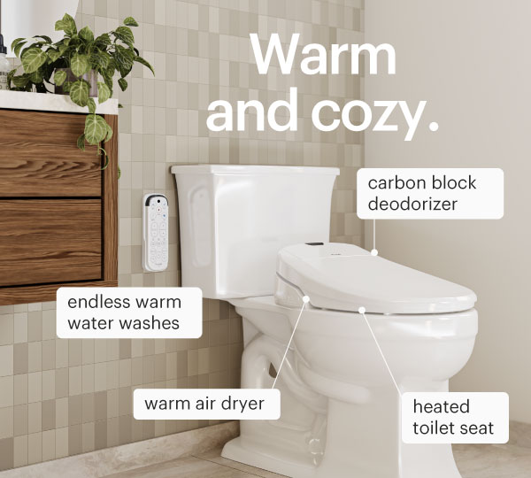 Swash 1400 Luxury Bidet Toilet Seat shown in a modern bathroom, featuring heated seat, endless warm water washes, warm air dryer, and carbon block deodorizer.