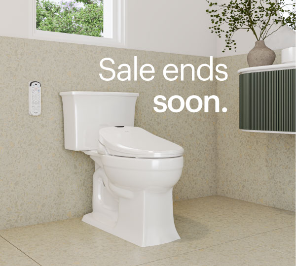 Swash 1400 Luxury Bidet Toilet Seat in a bright bathroom, featuring endless warm water washes and a cool blue LED nightlight for comfort and convenience.