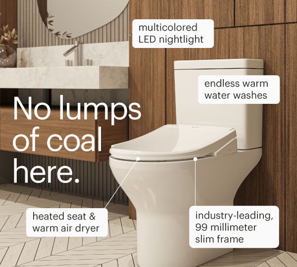 Modern bathroom showcasing a sleek bidet toilet seat with a multicolored LED nightlight, heated seat and warm air dryer, endless warm water washes, and an ultra-slim 99 mm frame.