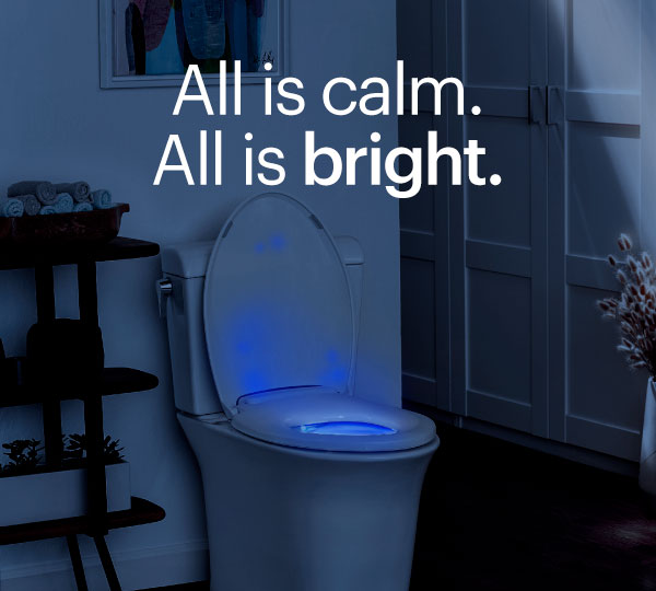 Modern bathroom showcasing a sleek bidet toilet seat with a multicolored LED nightlight, heated seat and warm air dryer, endless warm water washes, and an ultra-slim 99 mm frame.