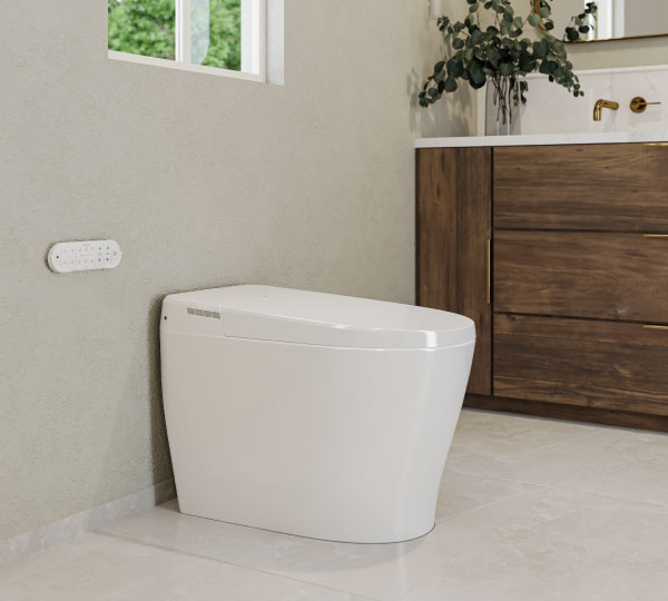 Sutro Integrated Smart Bidet Toilet installed in a modern bathroom with walnut stained vanity.