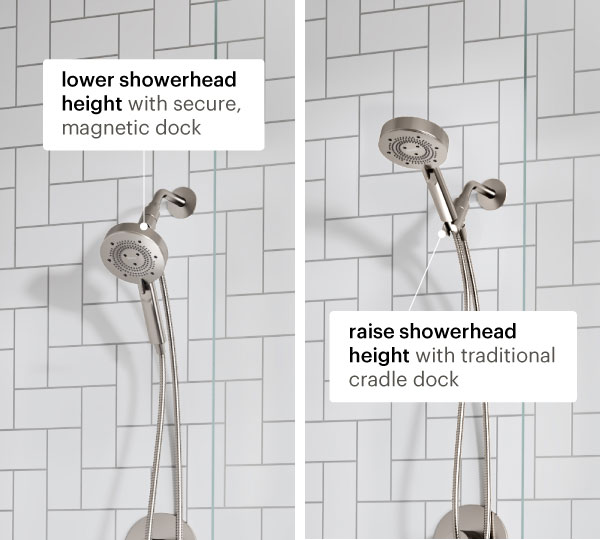 Split image shows Yuba Handshower with HaloNetic Double Docking System: lower height with secure magnetic dock or raised height with traditional cradle dock.