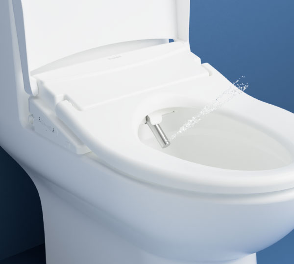 Swash 1400 luxury bidet toilet seat with remote control, shown spraying water stream, featuring sleek design, heated seat, adjustable nozzle, and premium comfort upgrade