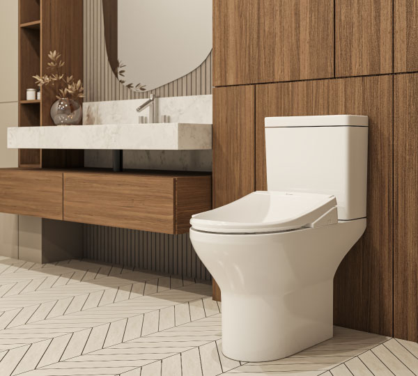 Modern bathroom featuring Swash 1400 luxury bidet toilet seat with remote control, sleek low-profile design, set against warm wood cabinetry and minimalist vanity for a spa-like feel
