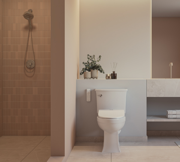 Modern bathroom with white toilet and bidet control, soft beige walls, shower with warm tile, shelf with plants and candles, creating a clean, spa-like atmosphere calm tones!