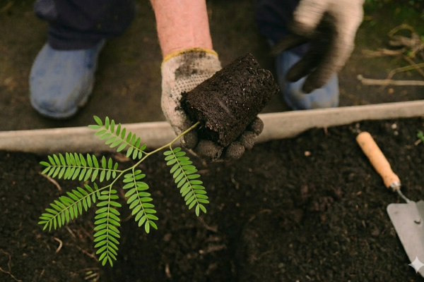 Gardener wearing gloves holds a small plant in soil plug over a garden bed, with rich dark soil, trowel nearby, and fresh green leaves suggesting planting and growth outdoors