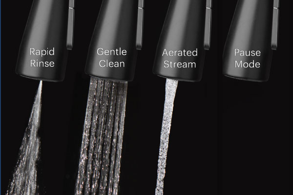 Jema Single-Handle Pull-Down Kitchen Faucet spray modes shown against dark background, featuring Rapid Rinse, Gentle Clean, Aerated Stream, and Pause Mode settings.