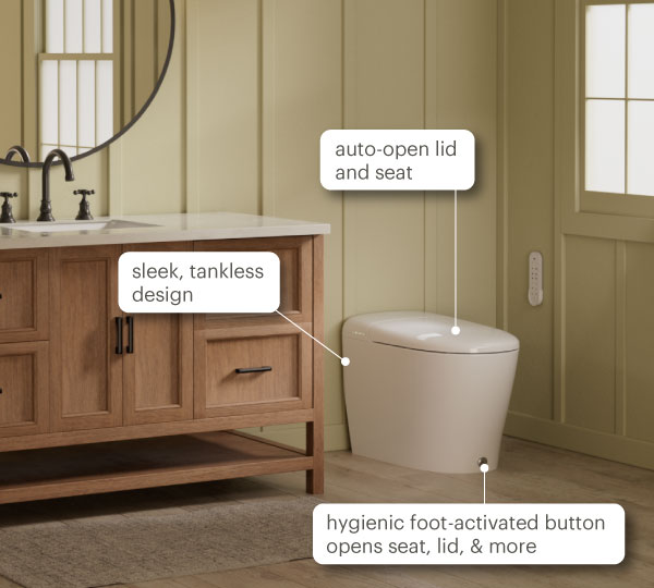 Coit Integrated Smart Bidet Toilet in a modern bathroom with callouts highlighting its sleek tankless design, auto-open lid and seat, and hygienic foot-activated controls.