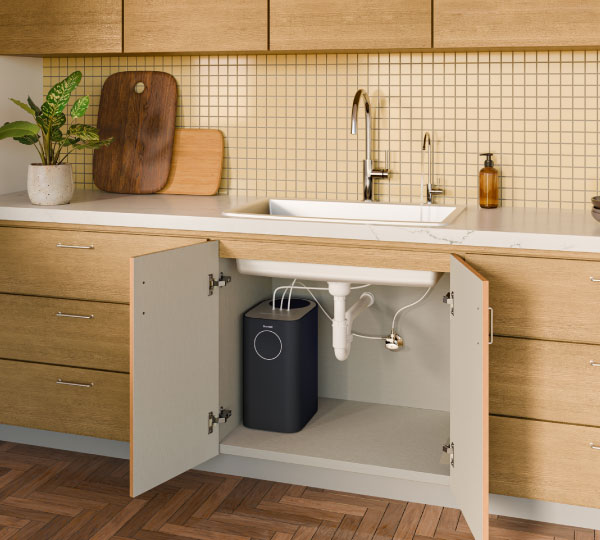 Circle Reverse Osmosis Under Sink Water Filtration System installed beneath a modern kitchen sink, providing clean, great-tasting filtered water while saving cabinet space.