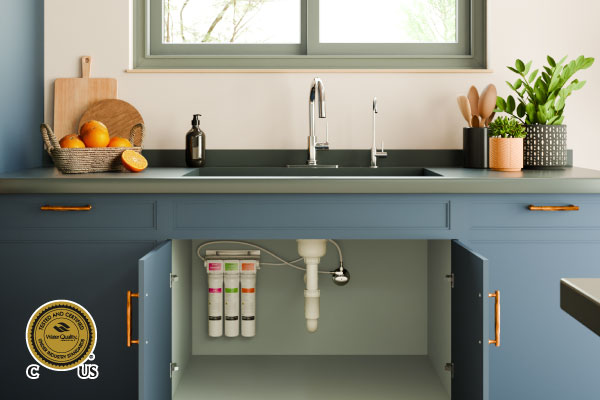 Coral Three-Stage Under Sink Water Filtration System installed beneath a modern kitchen sink. Water Quality Association Gold Seal certification badge shown.