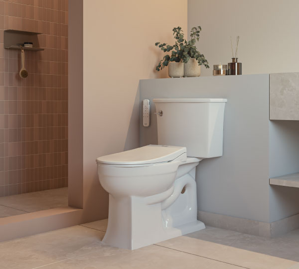 Swash Thinline T44 Luxury Bidet Toilet Seat with Remote Control installed on a white toilet in a contemporary bathroom...