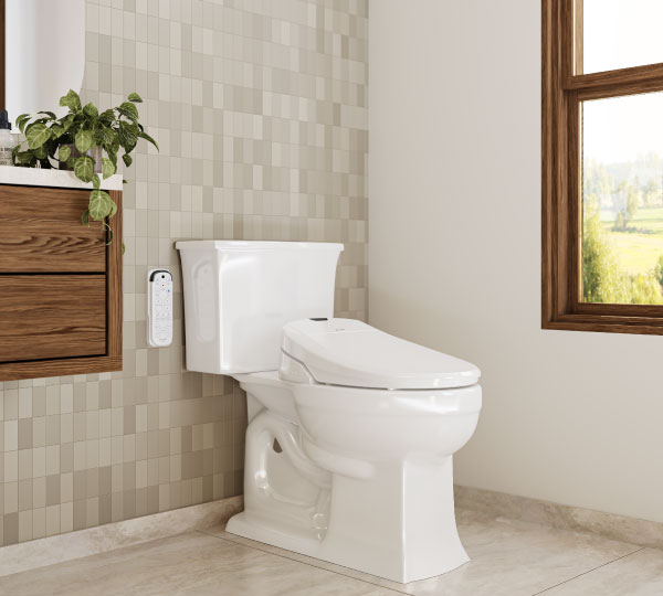Swash 1400 Luxury Bidet Toilet Seat installed on a white toilet in a bright, modern bathroom with tiled walls, featuring...